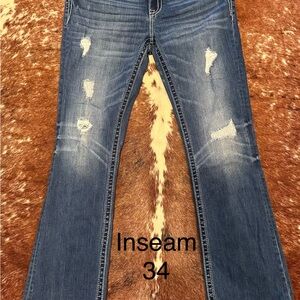 Miss Me Distressed Boot Cut Jeans in Blue
